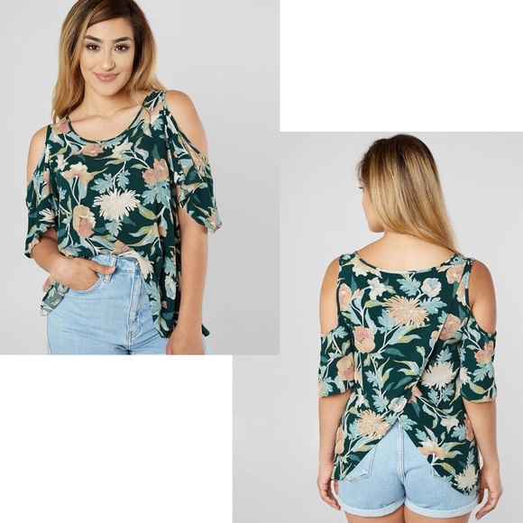 DAYTRIP Floral Flutter Sleeve Cold Shoulder Tulip Back Top L - Picture 1 of 15